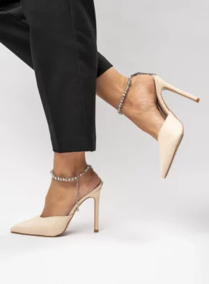 Damskie Szpilki KAYLA BEIGE– Błyszczący Urok i Biżuteryjny Akcent