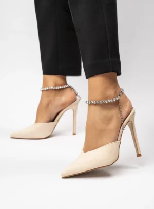 Damskie Szpilki KAYLA BEIGE– Błyszczący Urok i Biżuteryjny Akcent