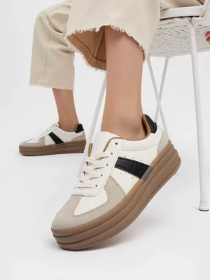 Damskie Sneakersy ALMA BEIGE – Subtelna Platforma i Kontrastowe Akcenty
