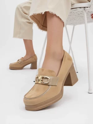 Damskie Loafersy LUX GRACE KHAKI – Elegancja i Stabilny Obcas