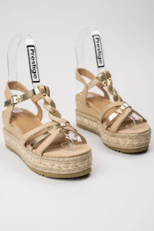 Damskie Sandały ALBA BEIGE – Pleciona Platforma i Złote Detale