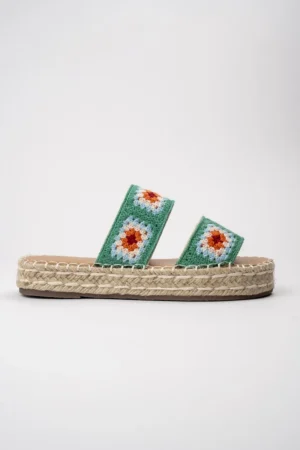 Klapki damskie na platformie z szydełkowym wzorem GREEN