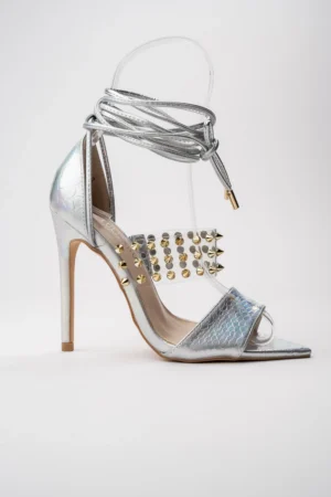 Szpilki damskie z ćwiekami i transparentnym paskiem Silver