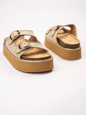 Klapki na koturnie z podwójną klamrą w kolorze Silver