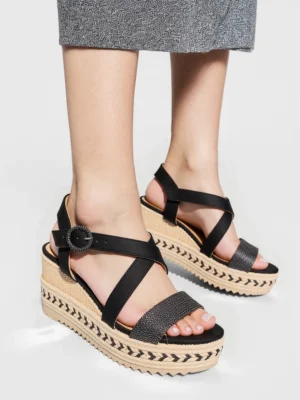Czarne sandały damskie na koturnie BLACK