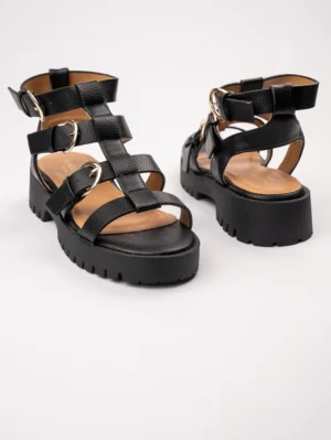 Sandały na koturnie z paskami i klamrami w kolorze Black
