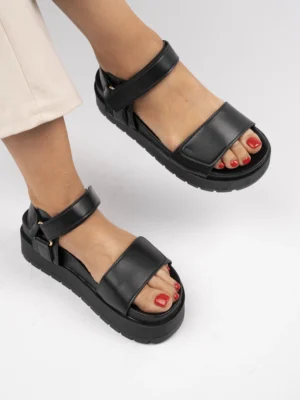 Sandały na koturnie z regulacją skórzane damskie Black