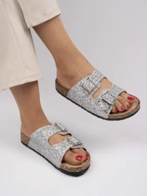 Klapki damskie z brokatowymi paskami i klamrami Silver