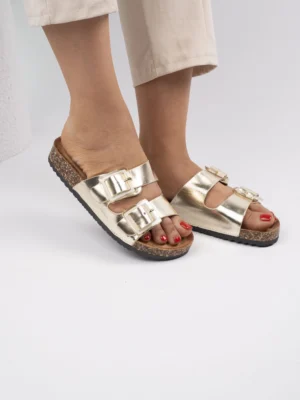 Klapki skórzane z podwójnymi klamrami w kolorze Gold