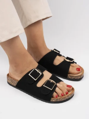 Klapki damskie z metalowymi klamrami i zamszowymi paskami Black