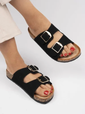 Klapki damskie z metalowymi klamrami i zamszowymi paskami Black