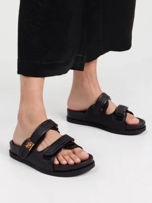 Klapki skórzane damskie z podwójnymi paskami Black