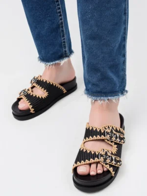 Klapki damskie z plecionką i klamrami Black