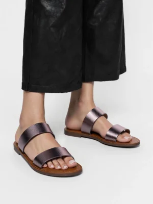 Sandały płaskie damskie z skórzanymi paskami w kolorze Pewter