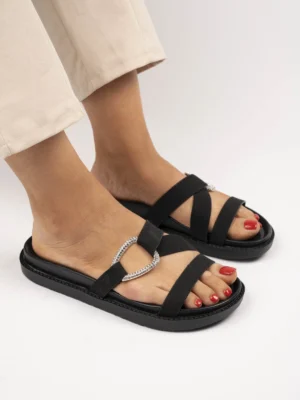 Klapki damskie z ozdobną klamrą i szerokimi paskami Black