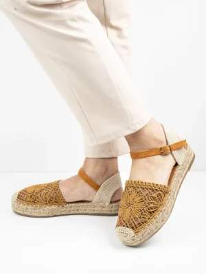 Espadryle damskie ażurowe na platformie w kolorze Camel