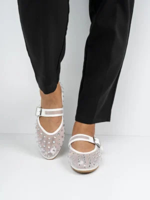 Baleriny damskie z cyrkoniami i paskiem w kolorze White