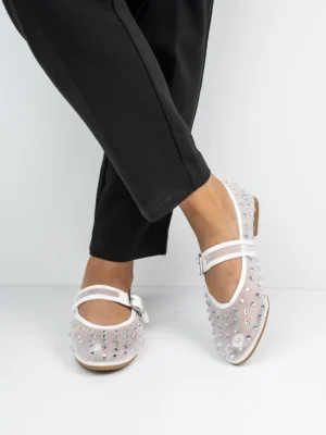 Baleriny damskie z cyrkoniami i paskiem w kolorze White