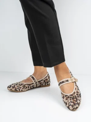 Baleriny damskie zdobione z klamrą w kolorze Leopard