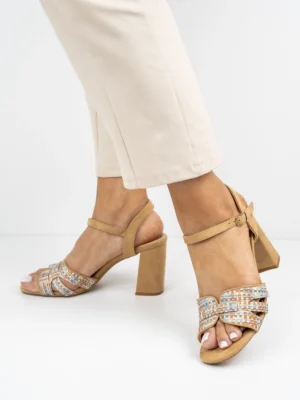 Sandały eleganckie damskie na szerokim obcasie w kolorze Camel
