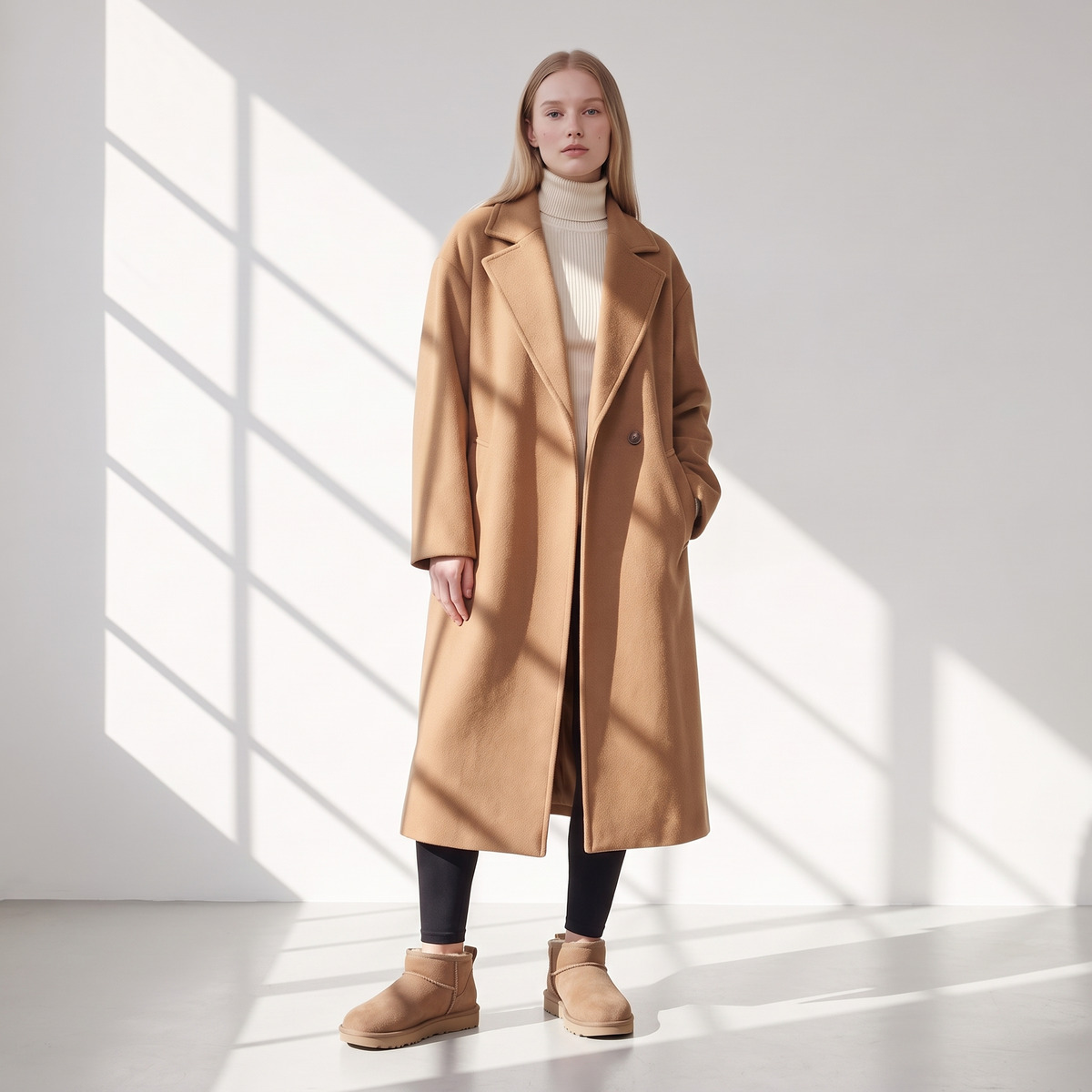 Ugg Classic Ultra Mini Beżowe Zimowe buty – na modelce, cała sylwetka