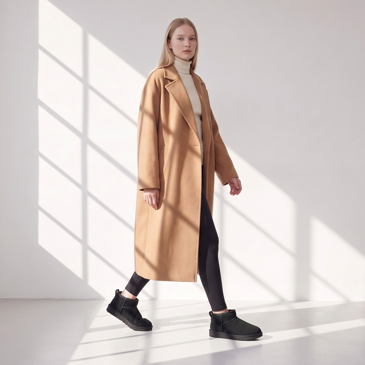 Ugg Classic Ultra Mini Czarne Zimowe buty – na modelce, w ruchu