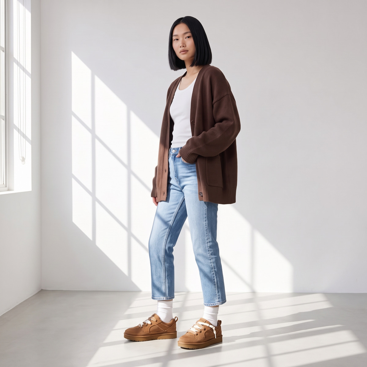 Ugg Lo Lowmel Brązowe Chestnut Ocieplane Sneakersy – na modelce, cała sylwetka