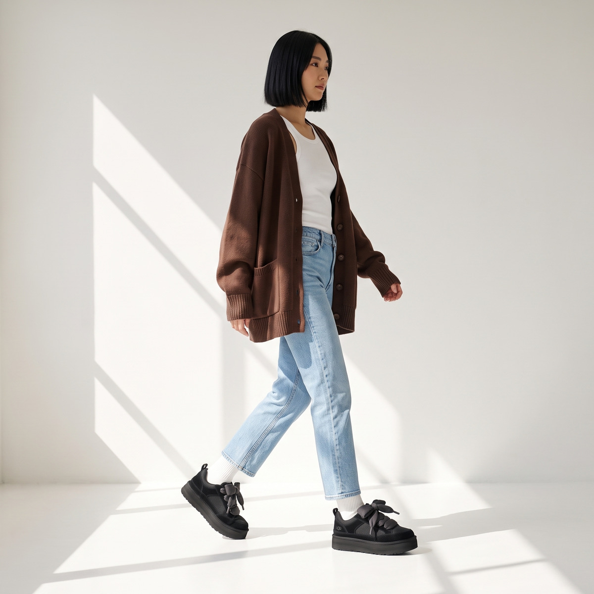 Ugg Lo Lowmel Czarne Black Ocieplane Sneakersy – na modelce, w ruchu