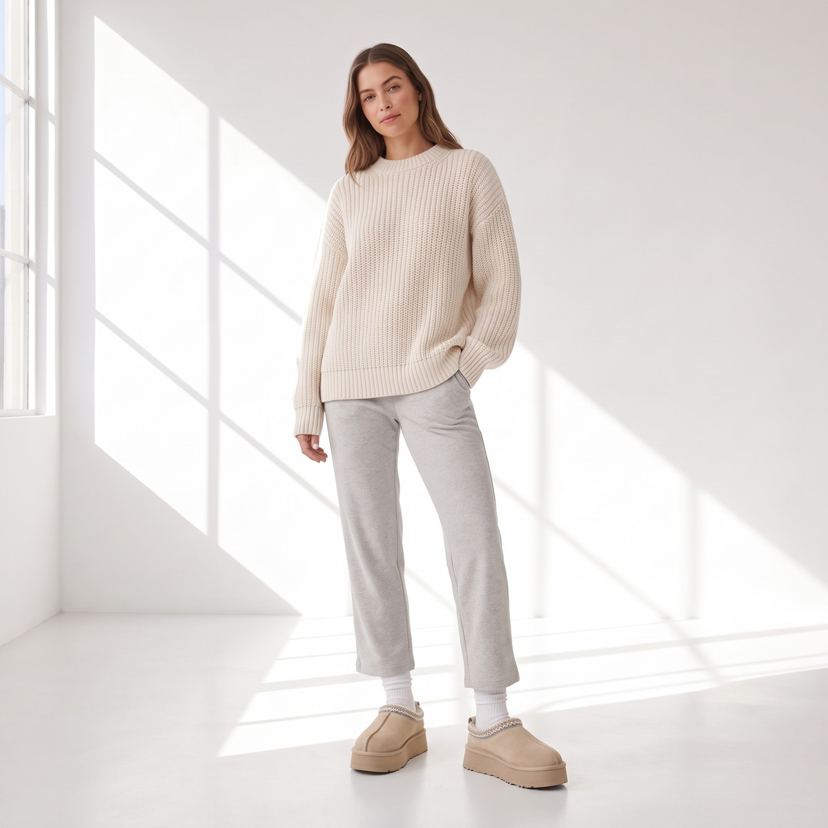 Ugg Tazz Beżowe Sand Klapki na platformie – na modelce, cała sylwetka