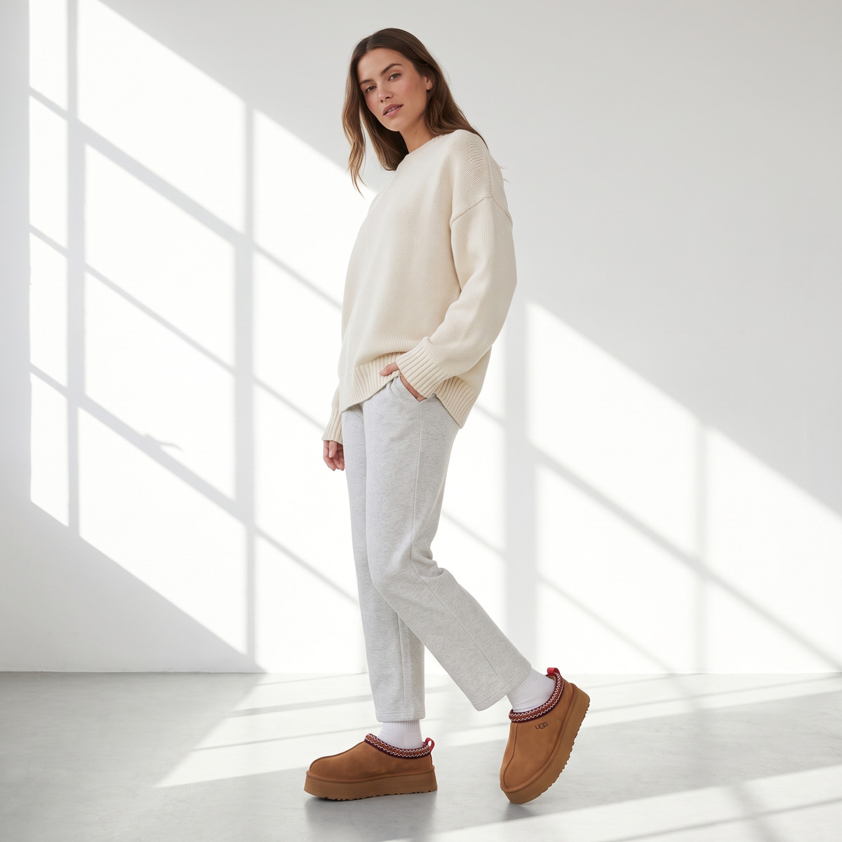 Ugg Tazz Brązowe Chestnut Klapki na platformie – na modelce, cała sylwetka