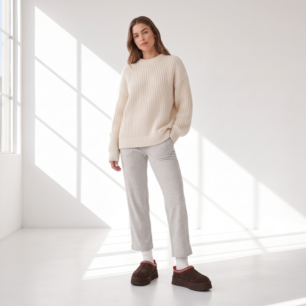 Ugg Tazz Brązowe Dusted Cocoa Klapki na platformie – na modelce, cała sylwetka