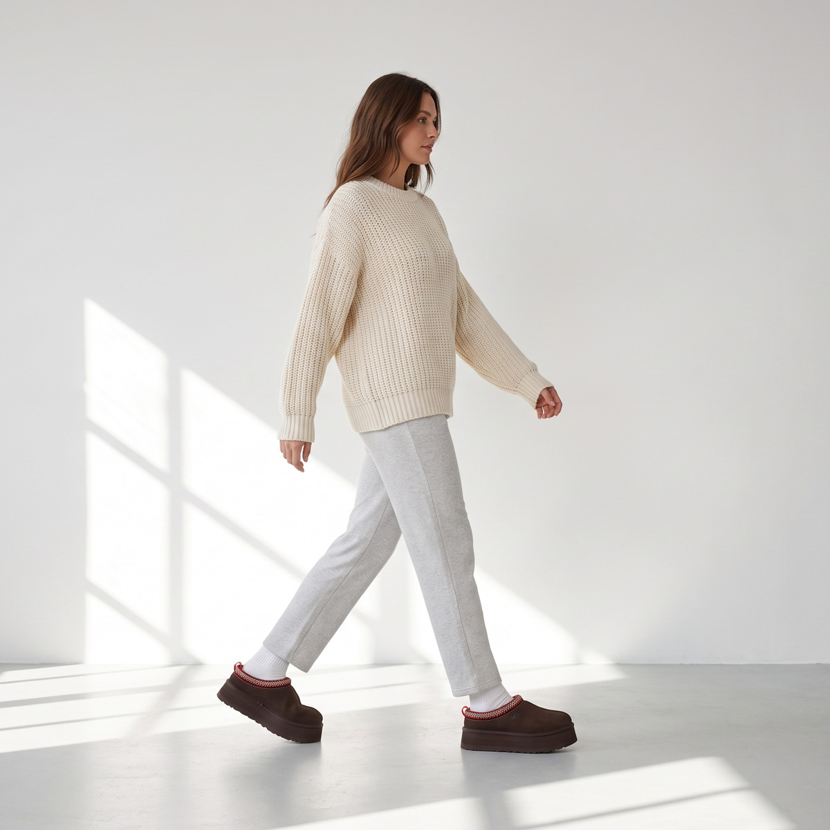 Ugg Tazz Brązowe Dusted Cocoa Klapki na platformie – na modelce, w ruchu