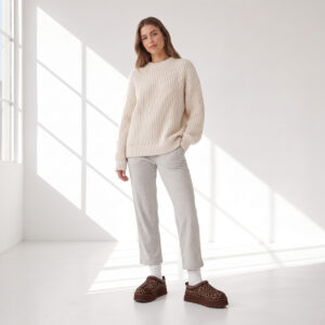 Ugg Tazz Czarne Brązowe Leopard Caspian – na modelce, cała sylwetka Ugg Tazz Czarne Brązowe Leopard Caspian – na modelce, cała sylwetka