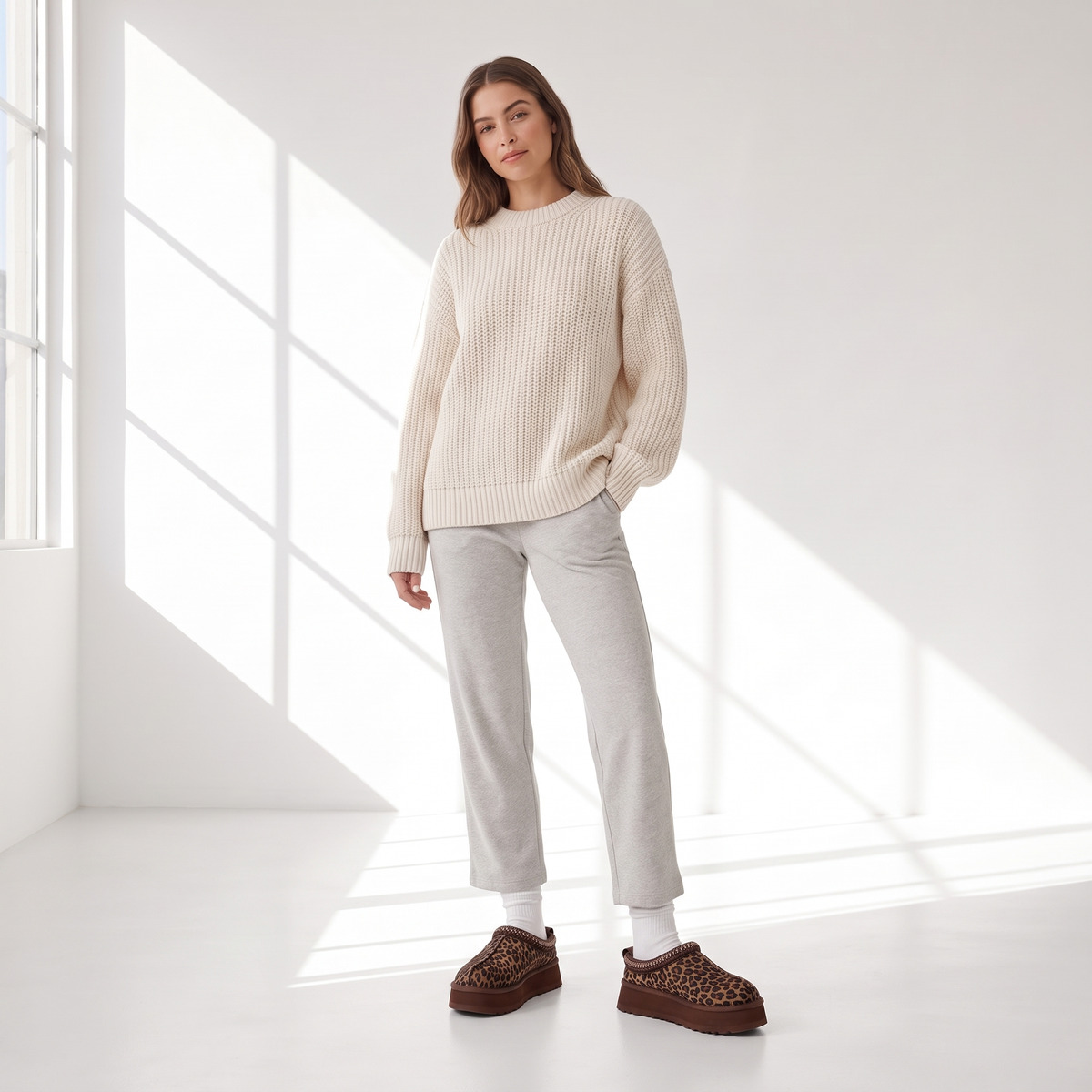 Ugg Tazz Czarne Brązowe Leopard Caspian – na modelce, cała sylwetka