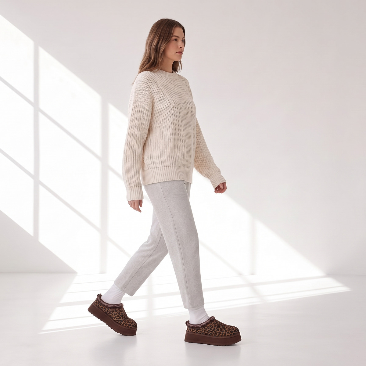 Ugg Tazz Czarne Brązowe Leopard Caspian – na modelce, w ruchu
